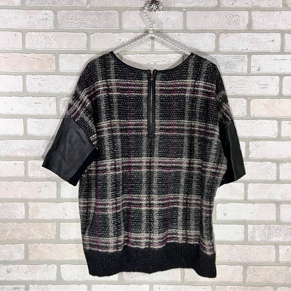 St John Plaid Mohair Wool Blend Leather Trim Short Sleeve Sweater Size L - Picture 3 of 11